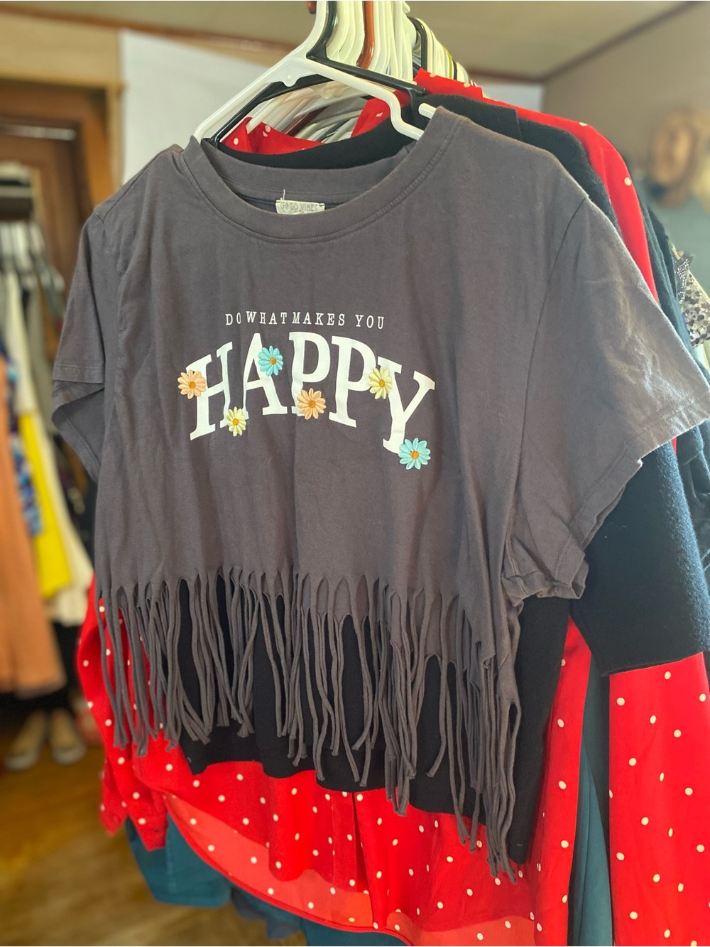 Women's Gray 'Happy' Fringe Crop Top with Daisy Graphic - Picture 3 of 6